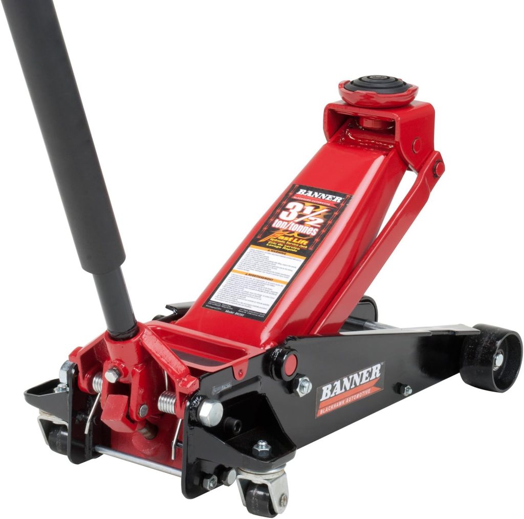 B6350 Black/Red Fast Lift Service Jack - 3.5 Ton Capacity, 28 1/2" L x 13 3/4" W x 6 1/2" H